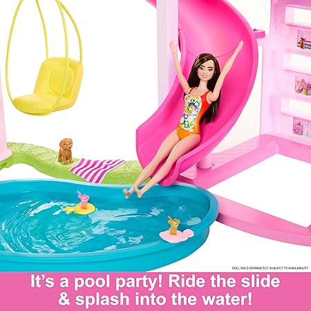 Barbie Dreamhouse, Pool Party Doll House with 75+ Pieces and 3-Story Slide, Pet Elevator and Puppy Play Areas